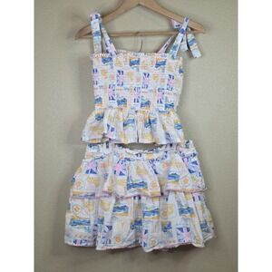 Haute Hippie 2 Piece Smocked Tank & Ruffled Skirt Multi-Colored Print Set Large